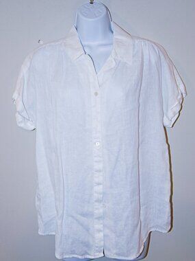 J Jill White Linen Short Sleeve Button Down Shirt Size Medium